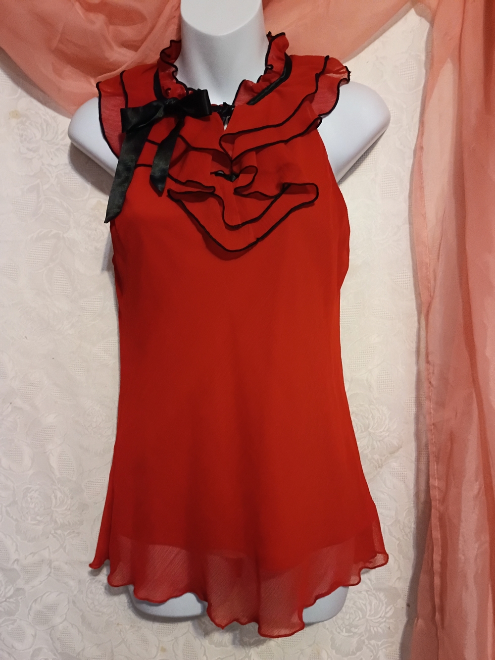 Bwear Ladies Red Sleeveless Ruffle-Neck Blouse with Black Bow Sz M